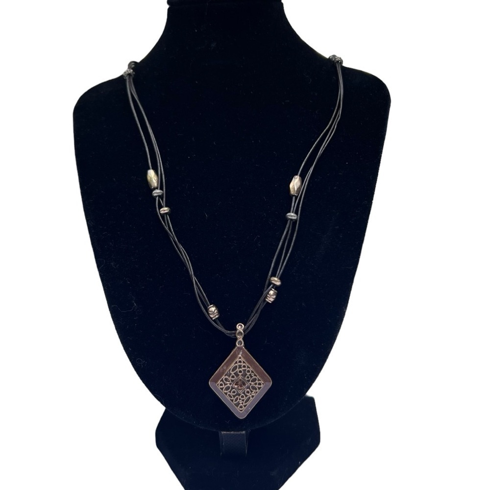 Gold/Copper Pendant on 20” 3 Layer Black Leather Corded Necklace With Beads